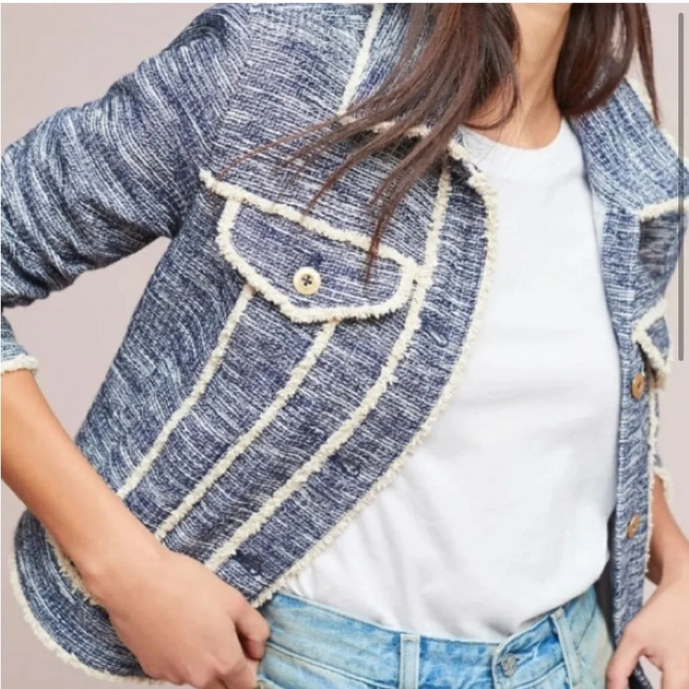 Anthropologie Ett:Twa Blue Tweed Blazer Jacket XS - Picture 3 of 9